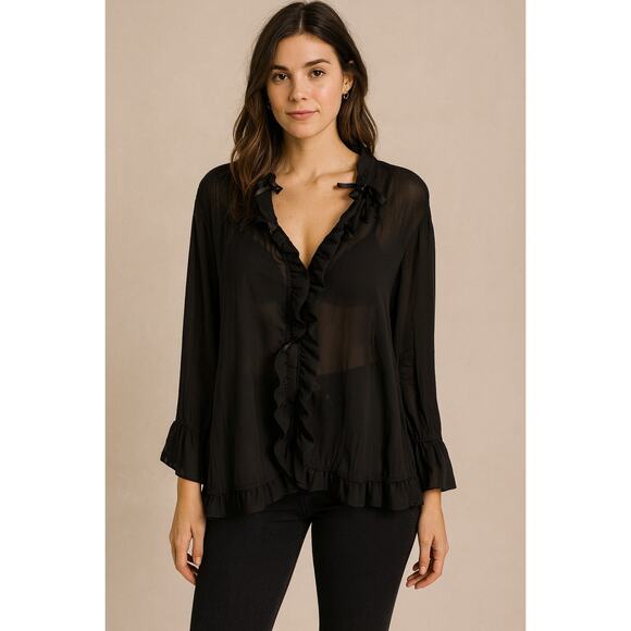 Jaipur Black Sheer Ruffle Tie-Front Blouse | Romantic Goth Boho Top | Size XL - Picture 1 of 13